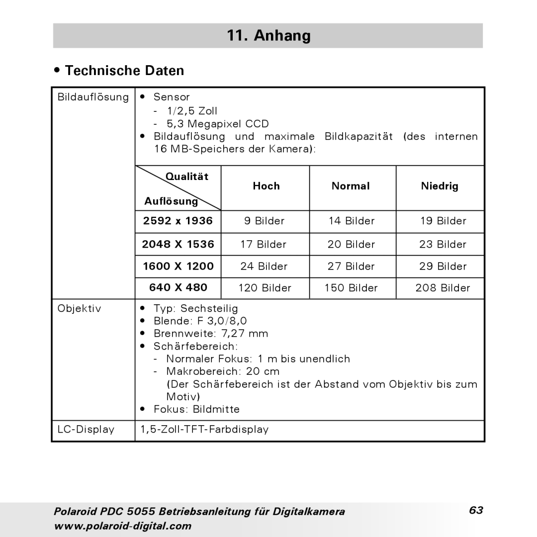Polaroid PDC 5055 manual Anhang, Technische Daten 