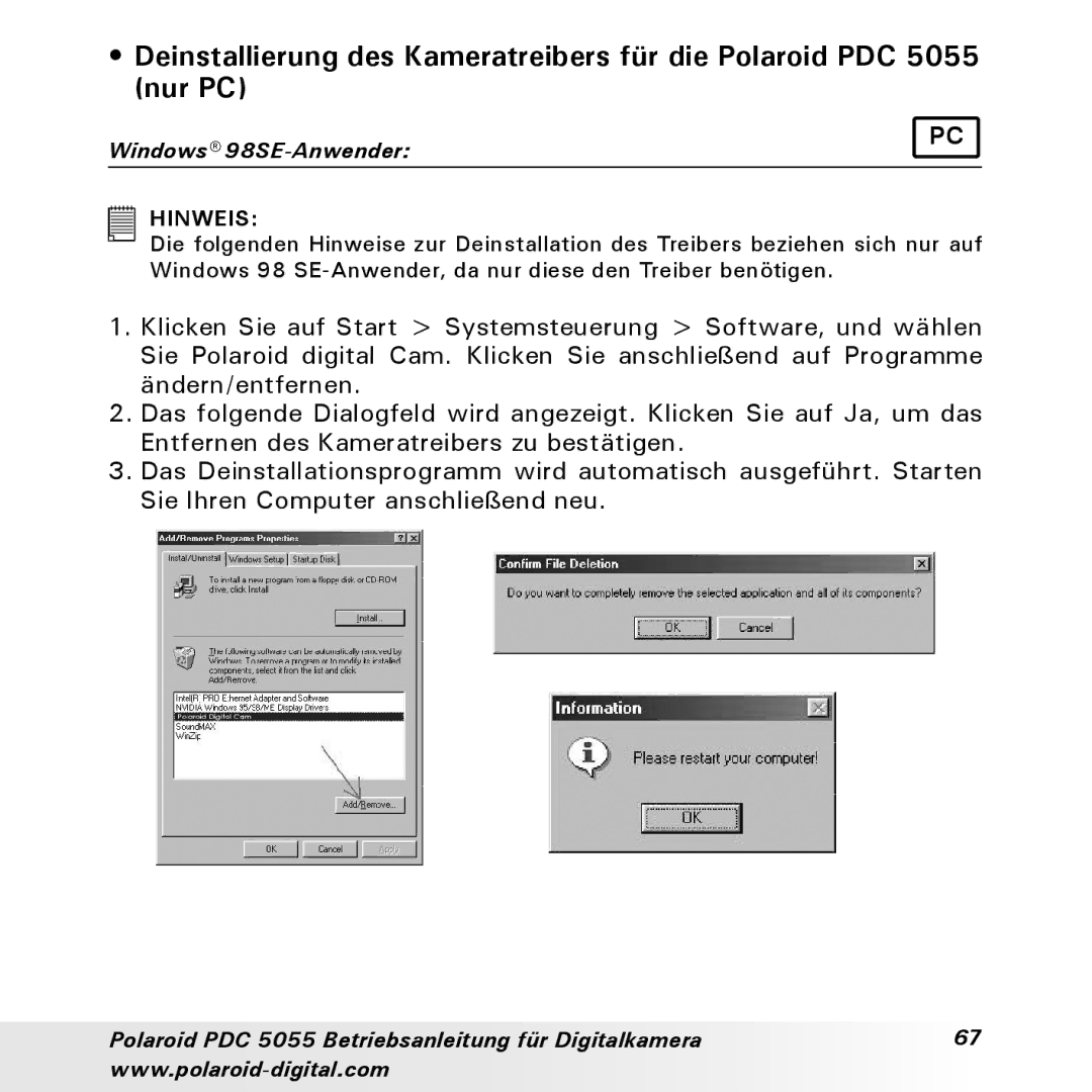 Polaroid PDC 5055 manual Windows 98SE-Anwender 