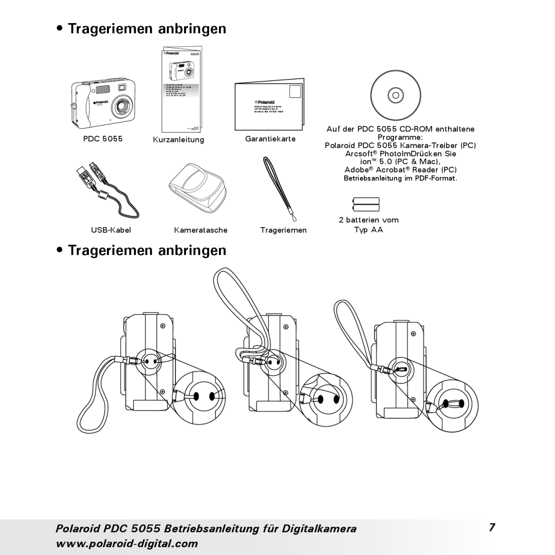 Polaroid PDC 5055 manual Trageriemen anbringen 