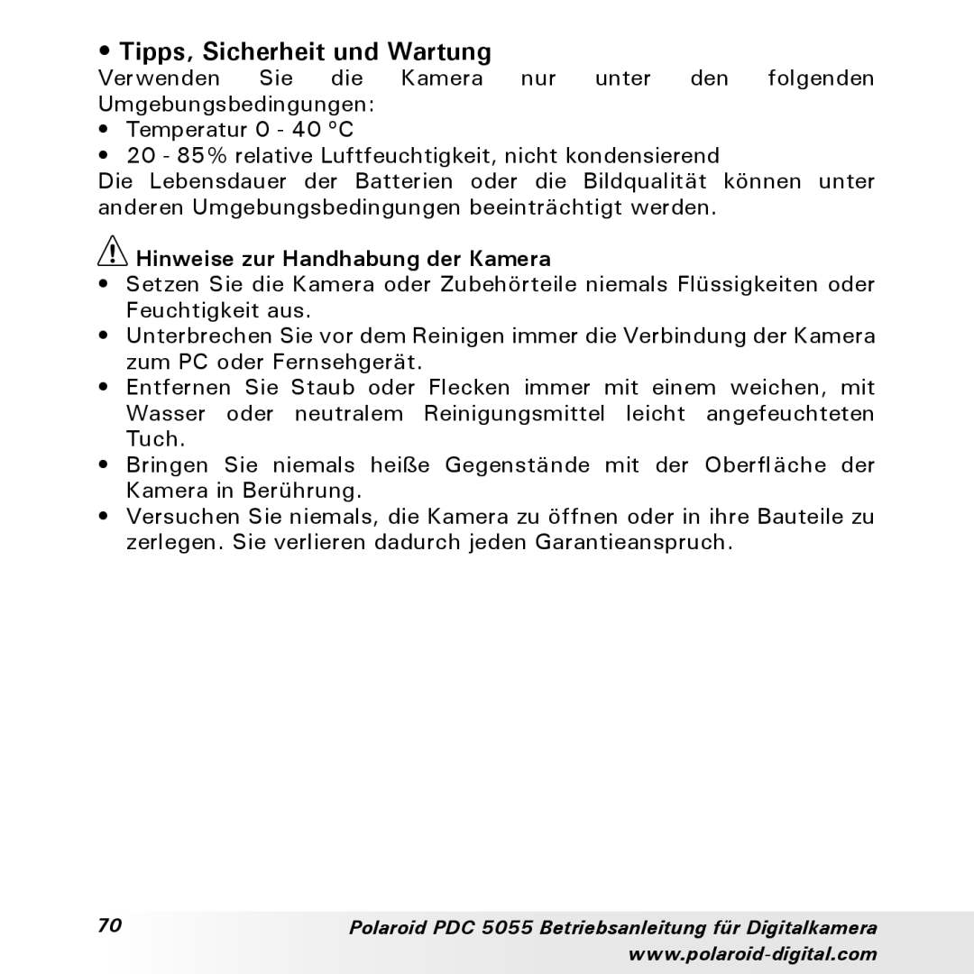 Polaroid PDC 5055 manual Tipps, Sicherheit und Wartung, Hinweise zur Handhabung der Kamera 