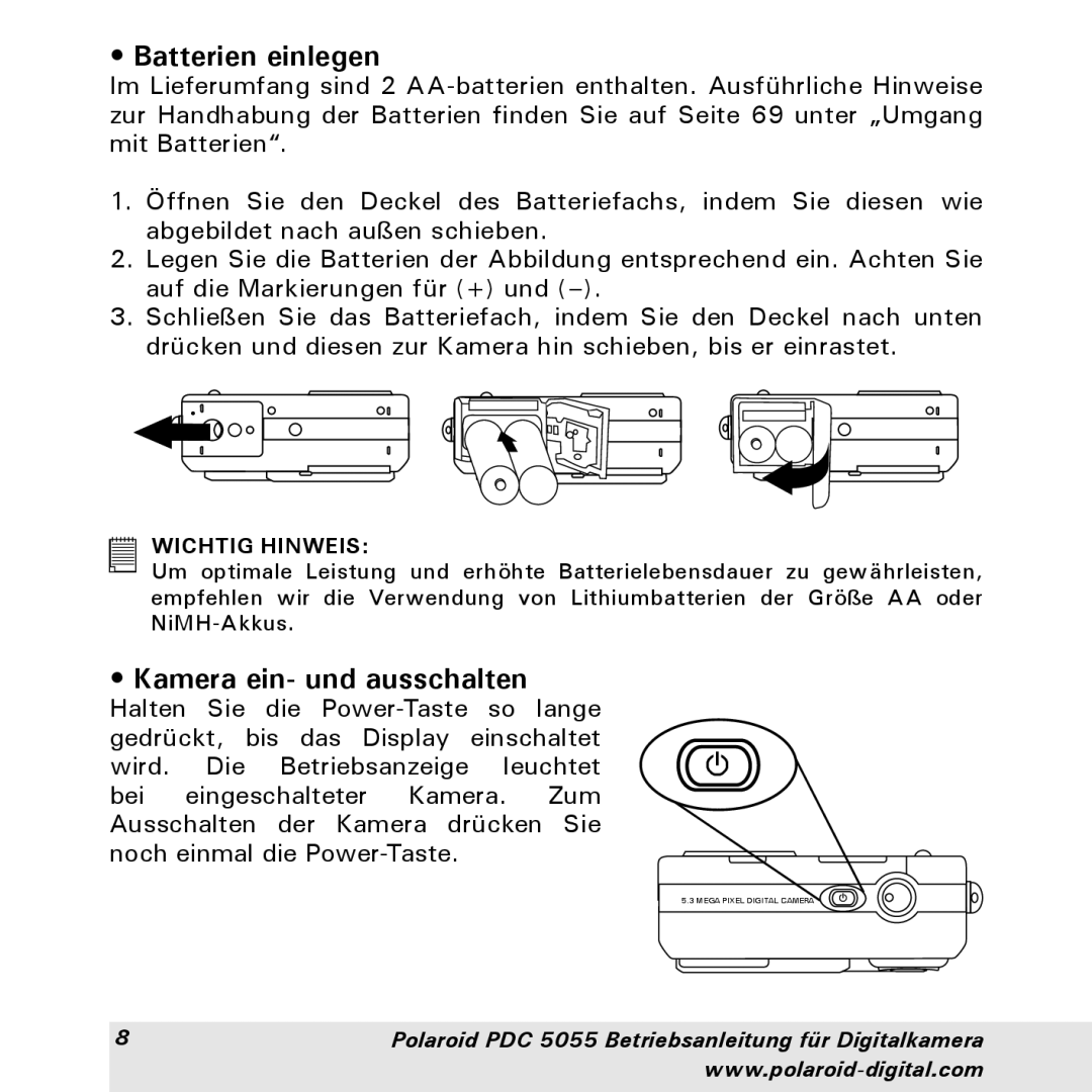 Polaroid PDC 5055 manual Batterien einlegen, Kamera ein- und ausschalten 