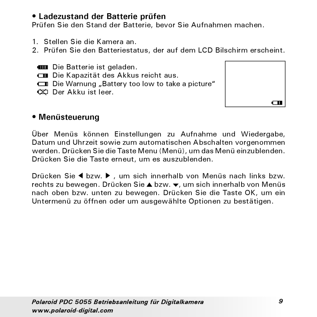 Polaroid PDC 5055 manual Ladezustand der Batterie prüfen, Menüsteuerung 