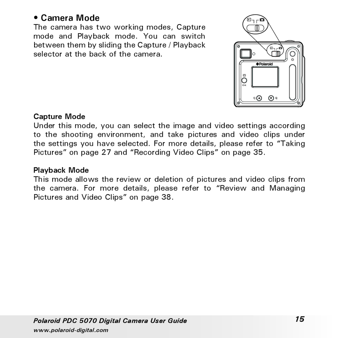 Polaroid PDC 5070 manual Camera Mode, Capture Mode 