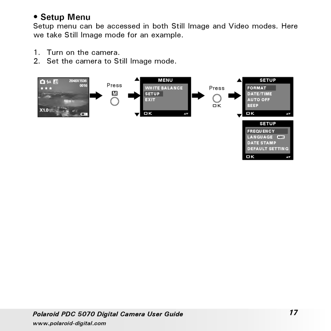 Polaroid PDC 5070 manual Setup Menu 