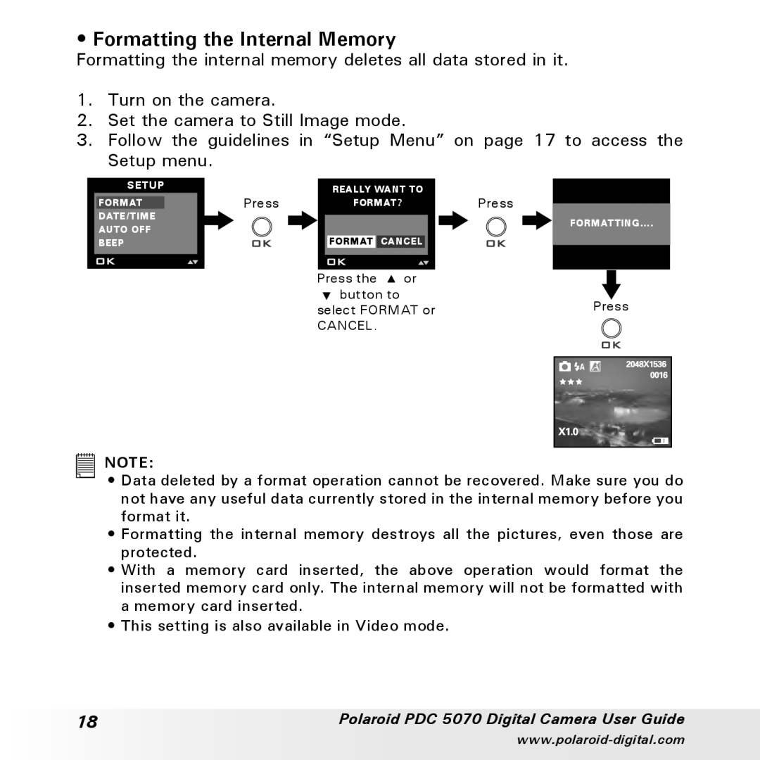 Polaroid PDC 5070 manual Formatting the Internal Memory 