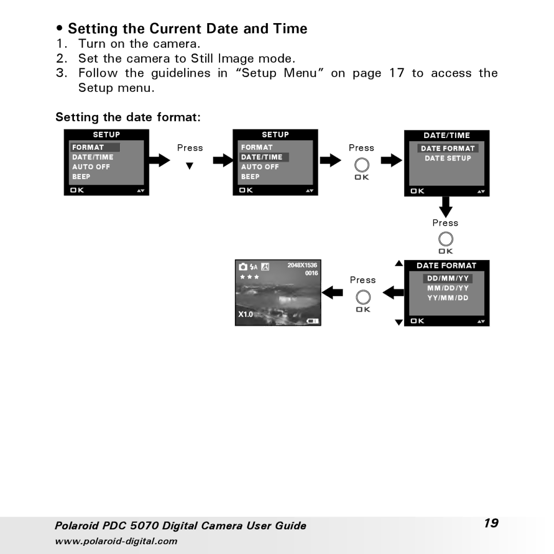 Polaroid PDC 5070 manual Setting the Current Date and Time, Setting the date format 
