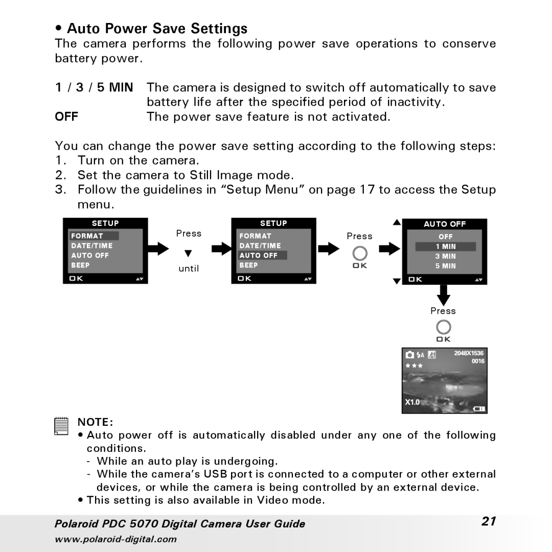 Polaroid PDC 5070 manual Auto Power Save Settings, Off 