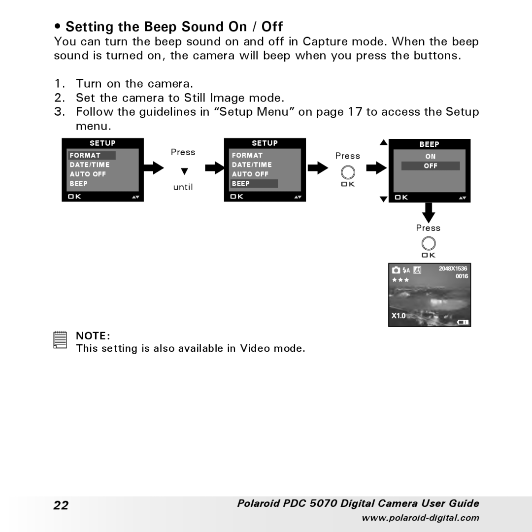 Polaroid PDC 5070 manual Setting the Beep Sound On / Off 