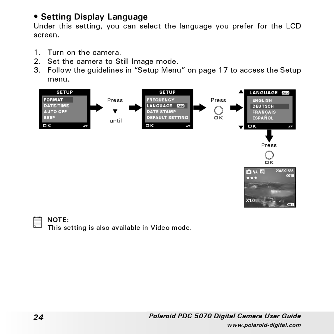 Polaroid PDC 5070 manual Setting Display Language 