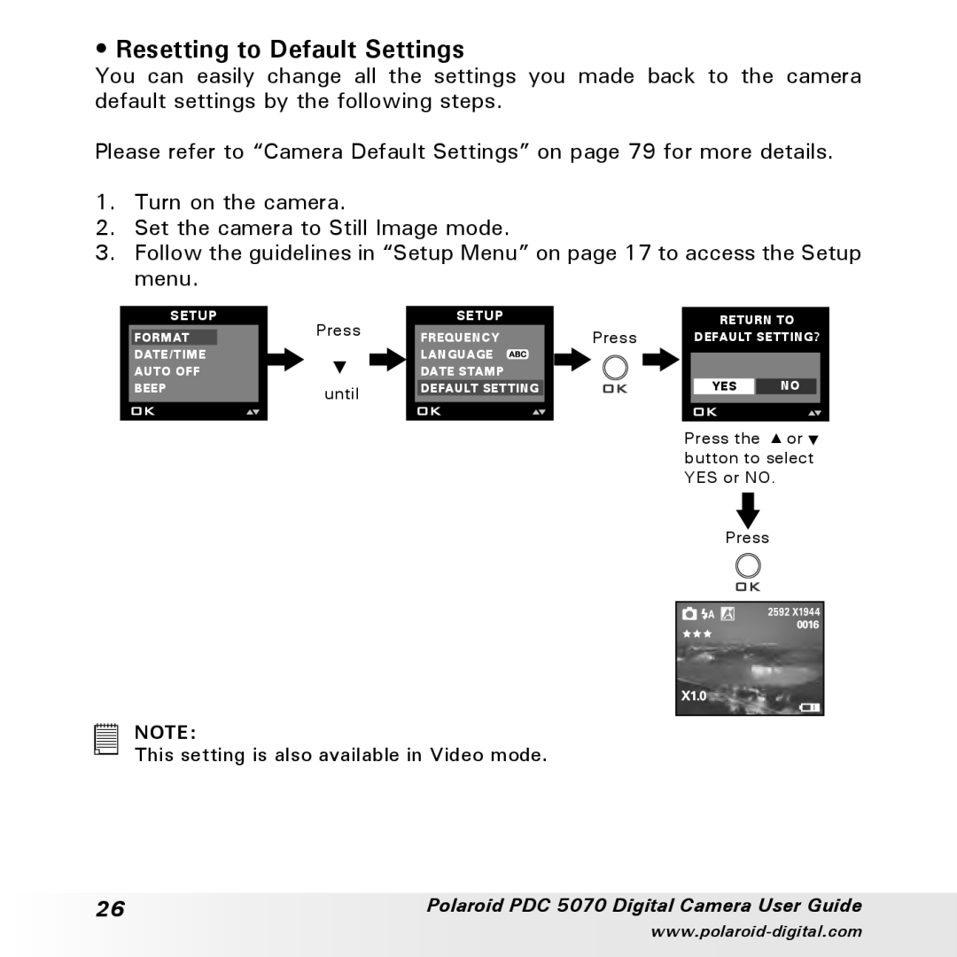 Polaroid PDC 5070 manual Resetting to Default Settings 