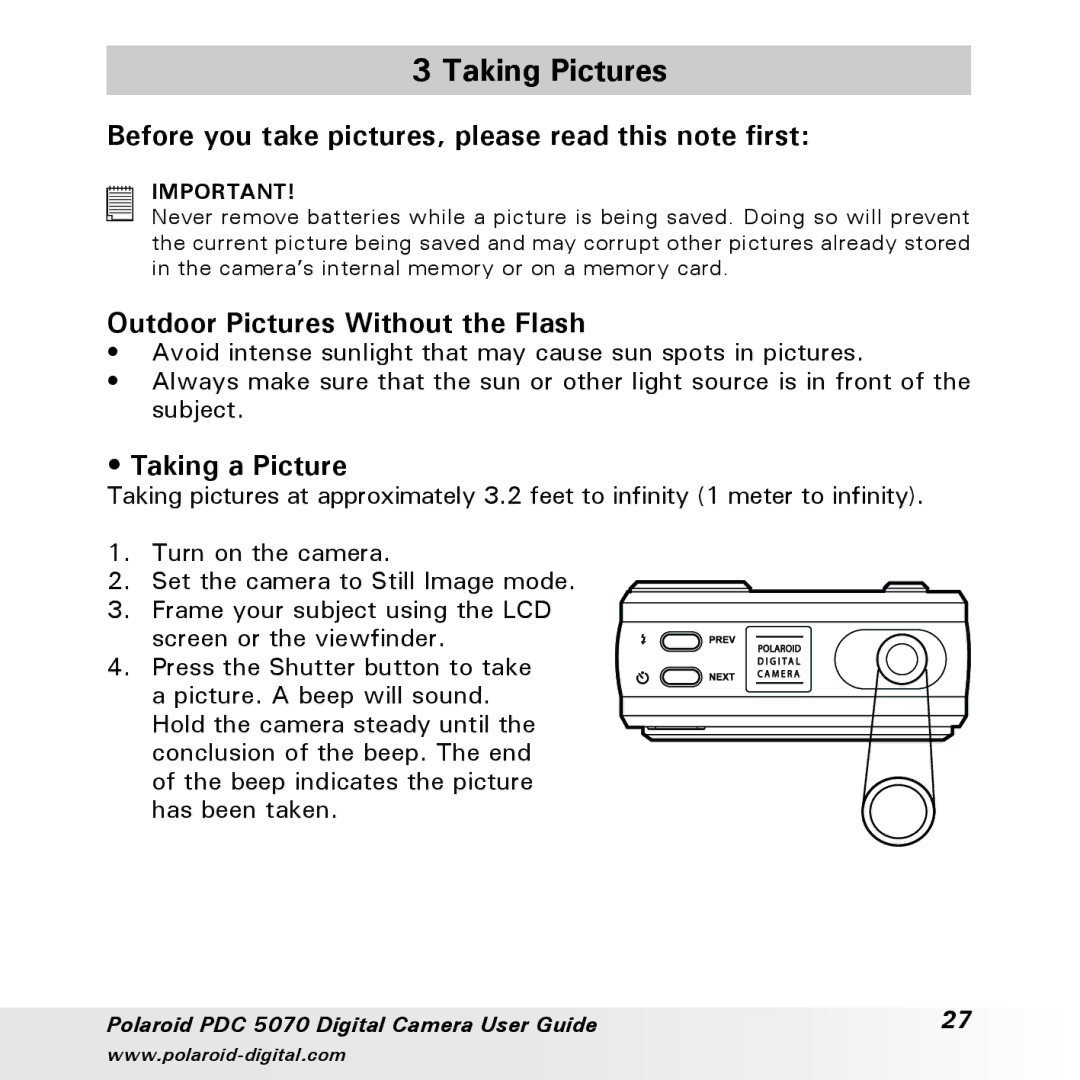 Polaroid PDC 5070 manual Taking Pictures, Before you take pictures, please read this note first, Taking a Picture 