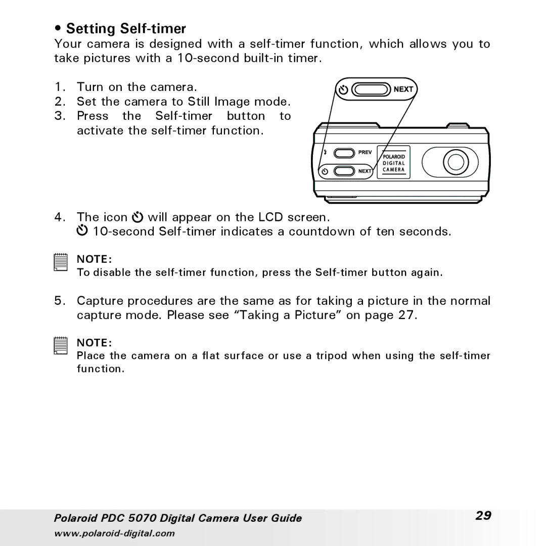 Polaroid PDC 5070 manual Setting Self-timer 