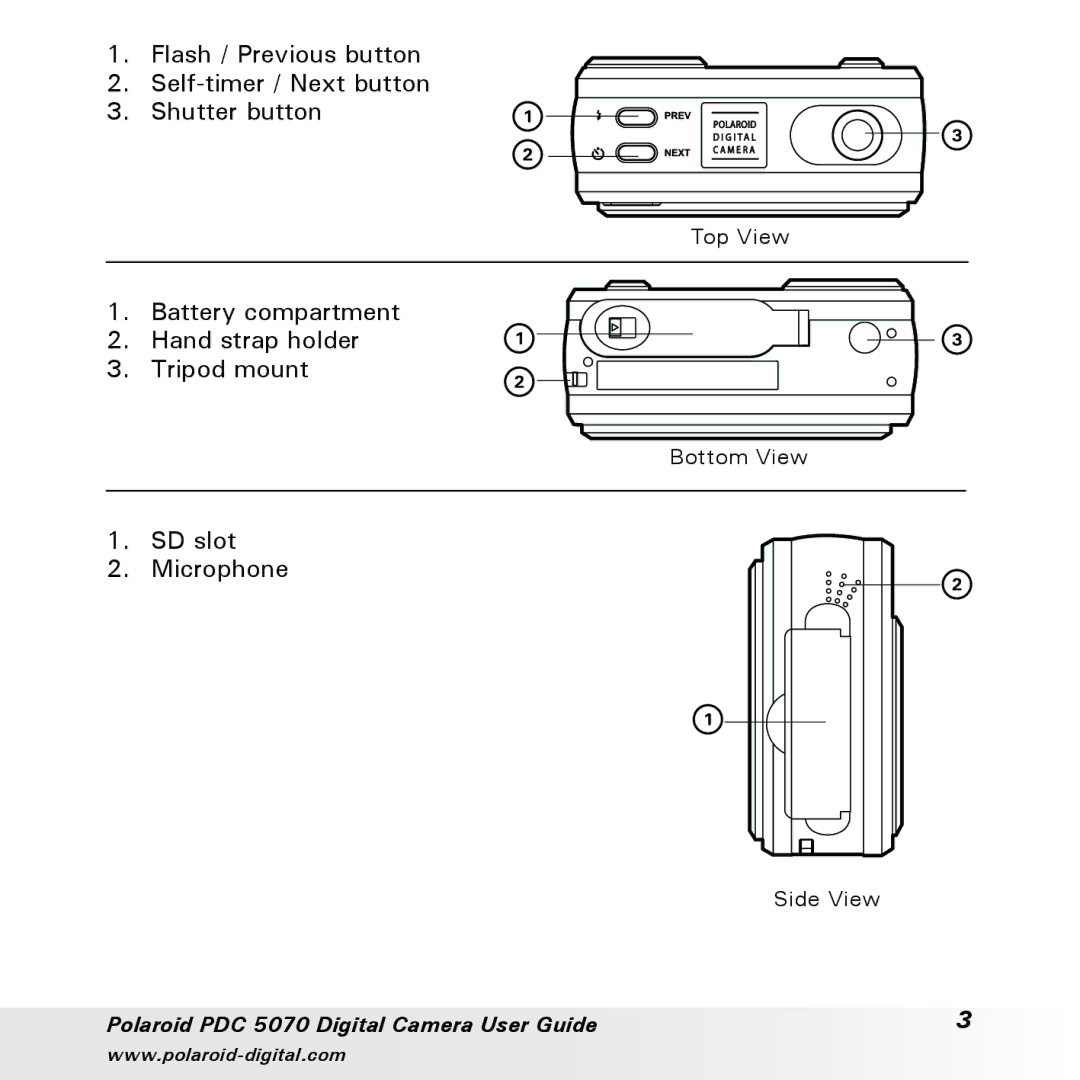 Polaroid PDC 5070 manual Battery compartment Hand strap holder Tripod mount 