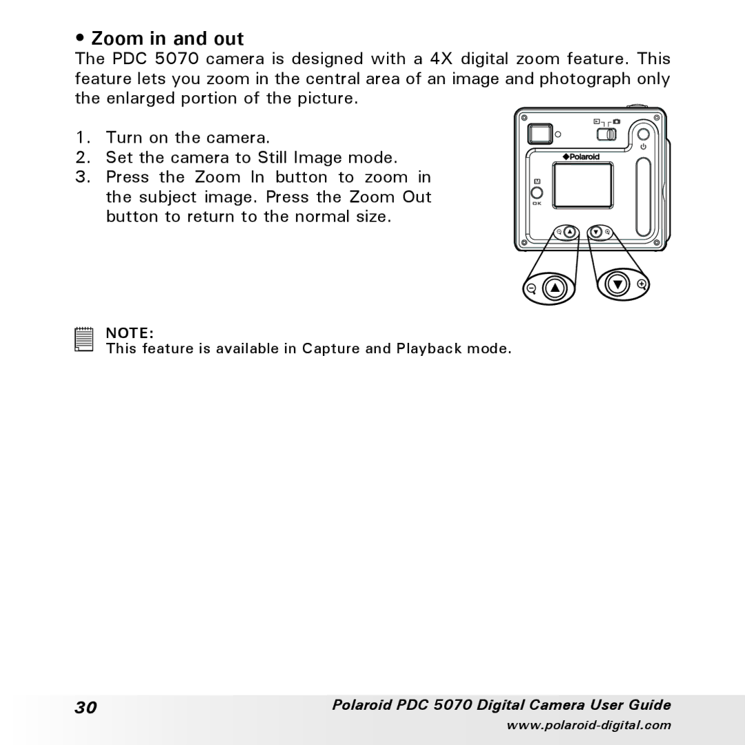 Polaroid PDC 5070 manual Zoom in and out 
