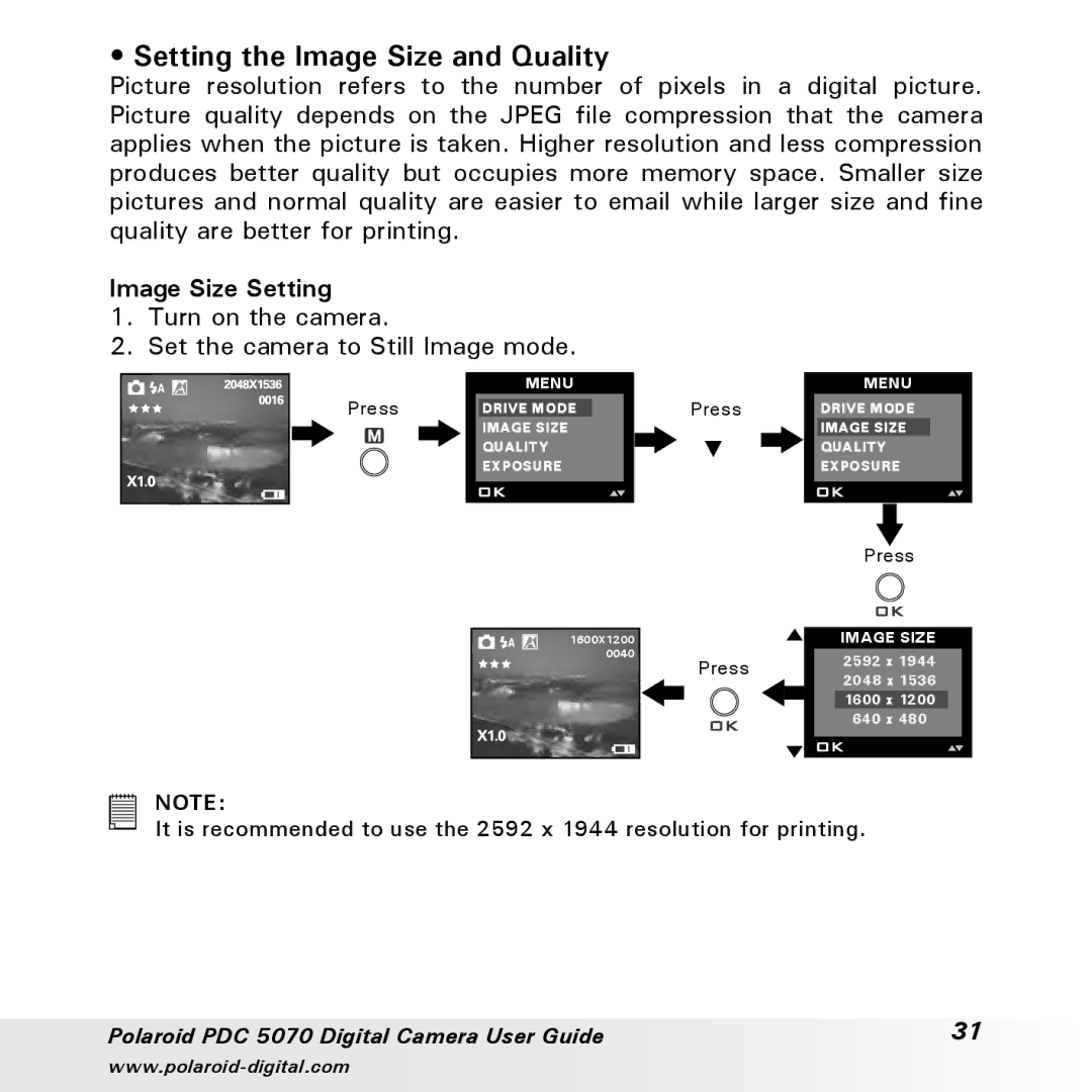 Polaroid PDC 5070 manual Setting the Image Size and Quality, Image Size Setting 