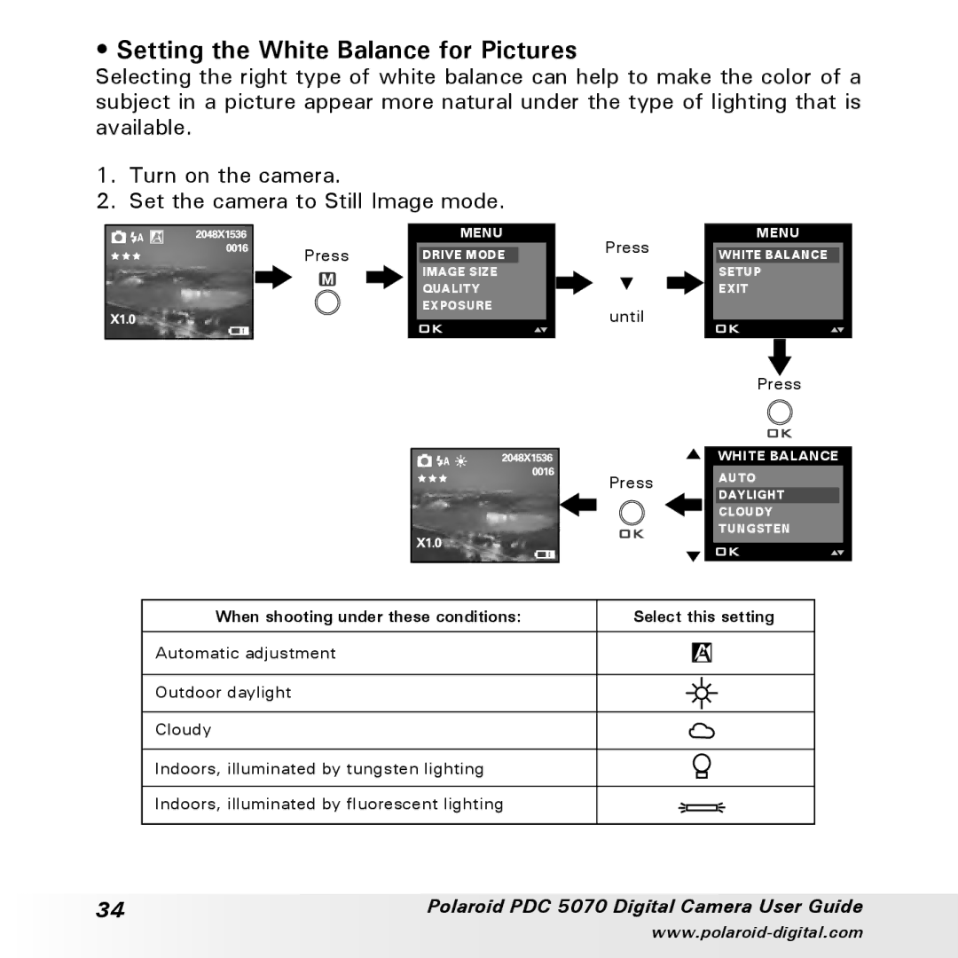 Polaroid PDC 5070 manual Setting the White Balance for Pictures, When shooting under these conditions Select this setting 