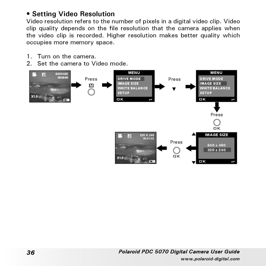 Polaroid PDC 5070 manual Setting Video Resolution 