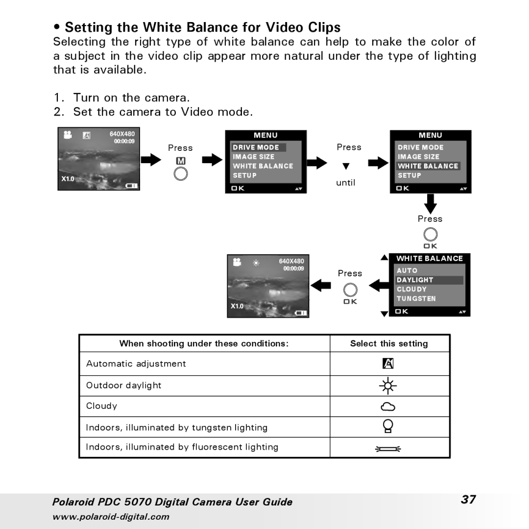 Polaroid PDC 5070 manual Setting the White Balance for Video Clips 