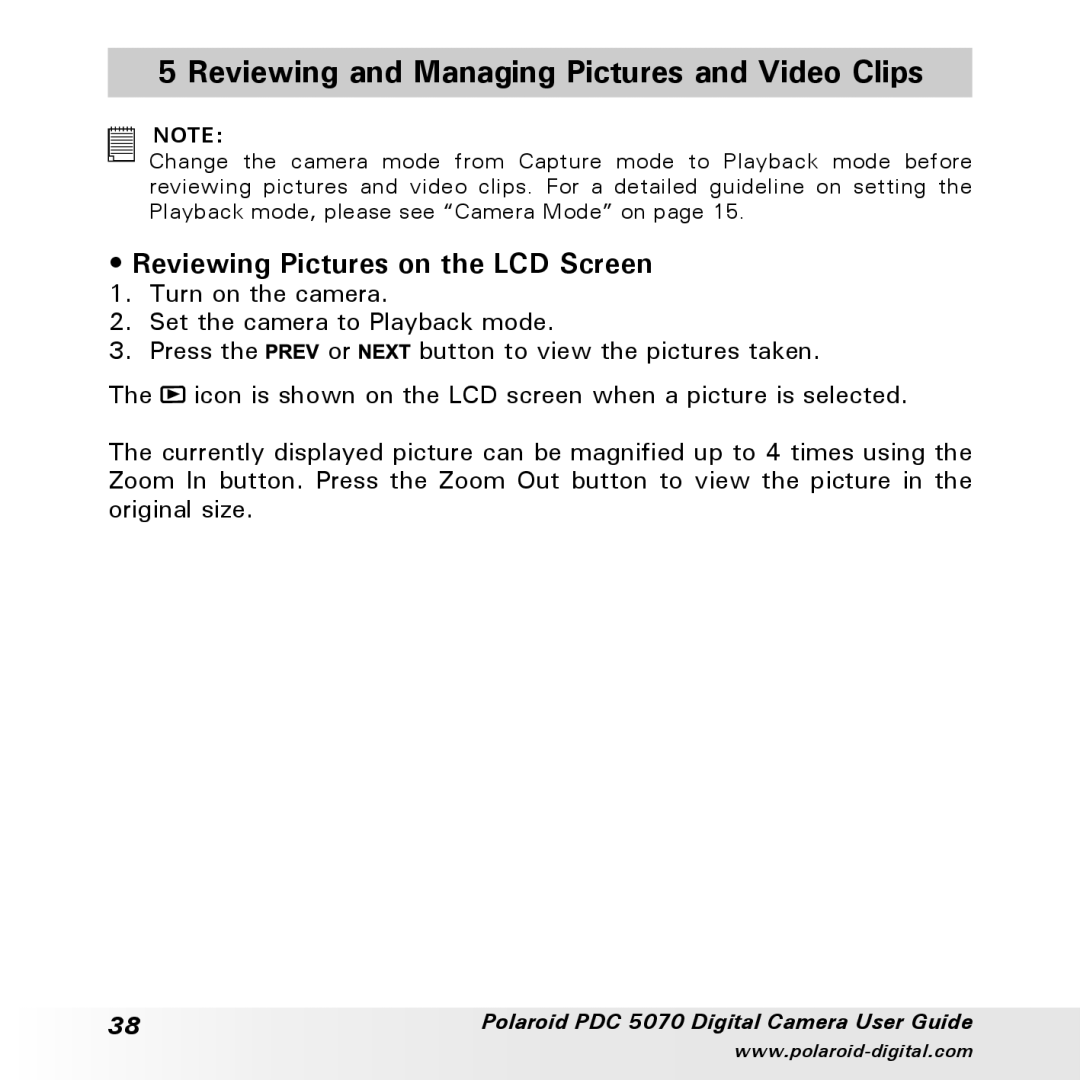 Polaroid PDC 5070 manual Reviewing and Managing Pictures and Video Clips, Reviewing Pictures on the LCD Screen 