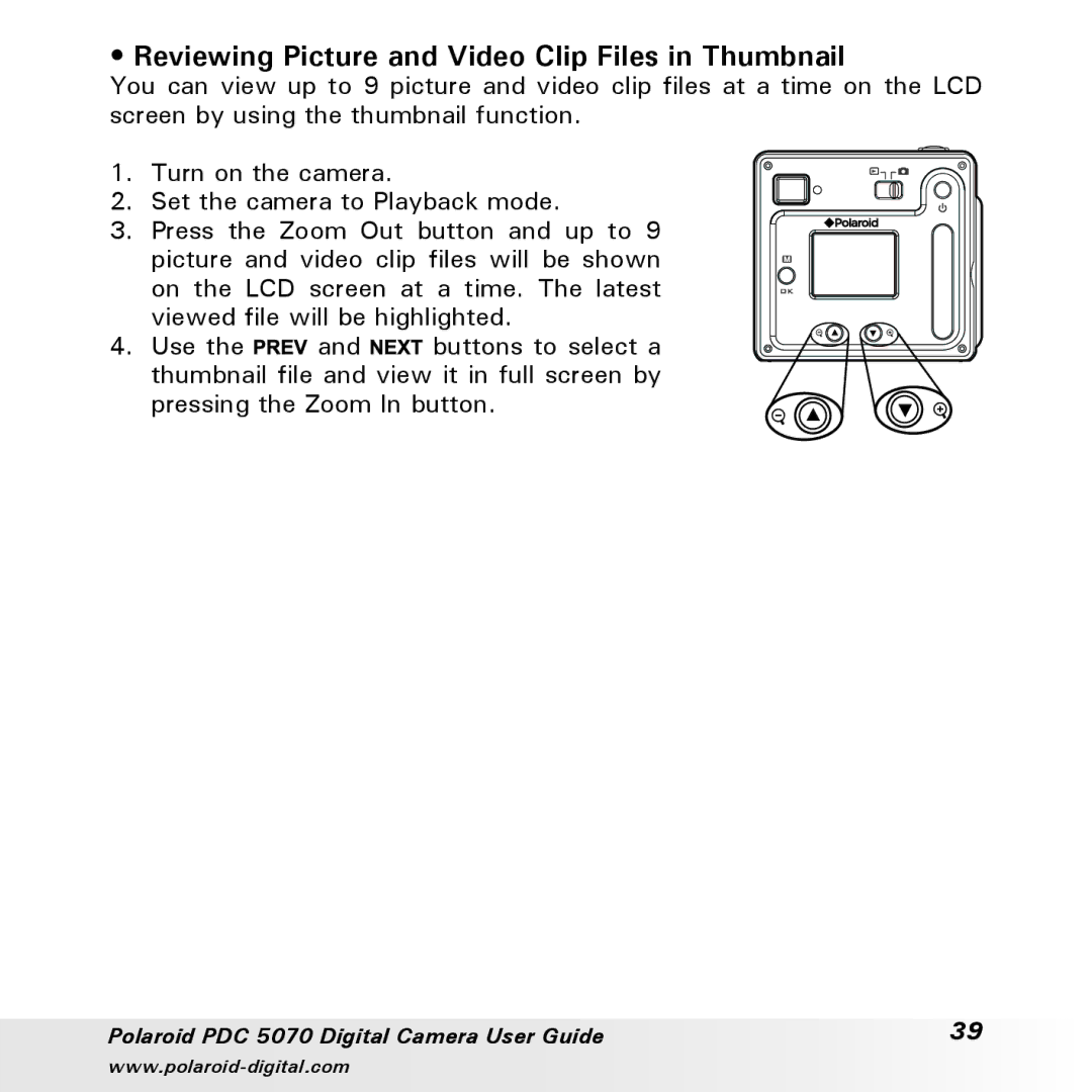 Polaroid PDC 5070 manual Reviewing Picture and Video Clip Files in Thumbnail 