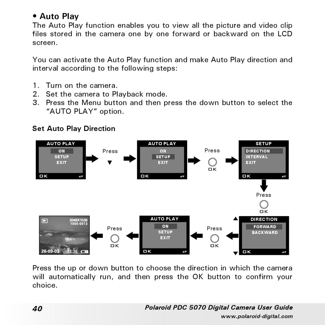 Polaroid PDC 5070 manual Set Auto Play Direction 