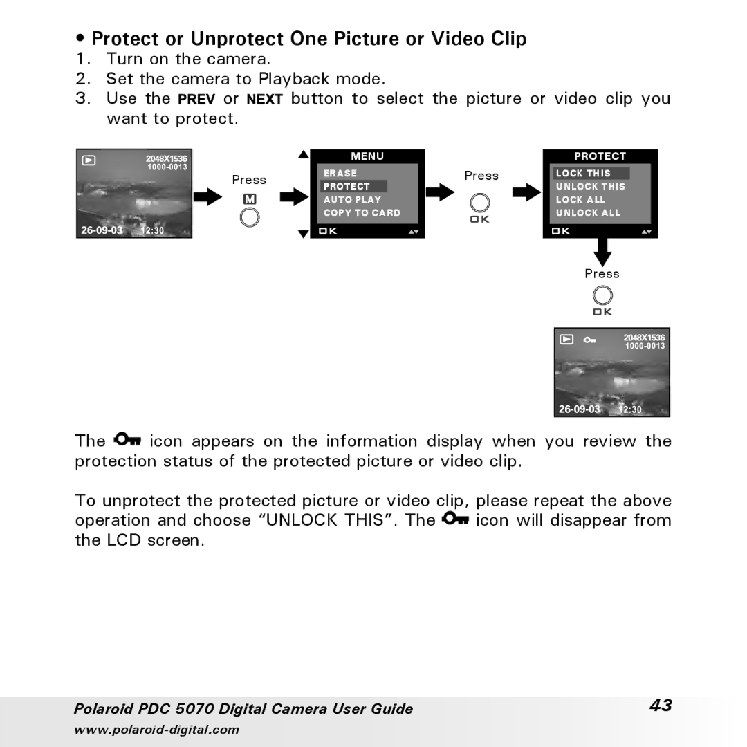 Polaroid PDC 5070 manual Protect or Unprotect One Picture or Video Clip 