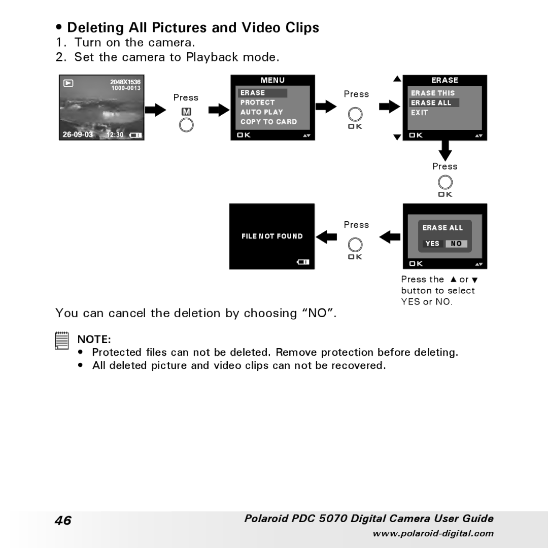 Polaroid PDC 5070 manual Deleting All Pictures and Video Clips 