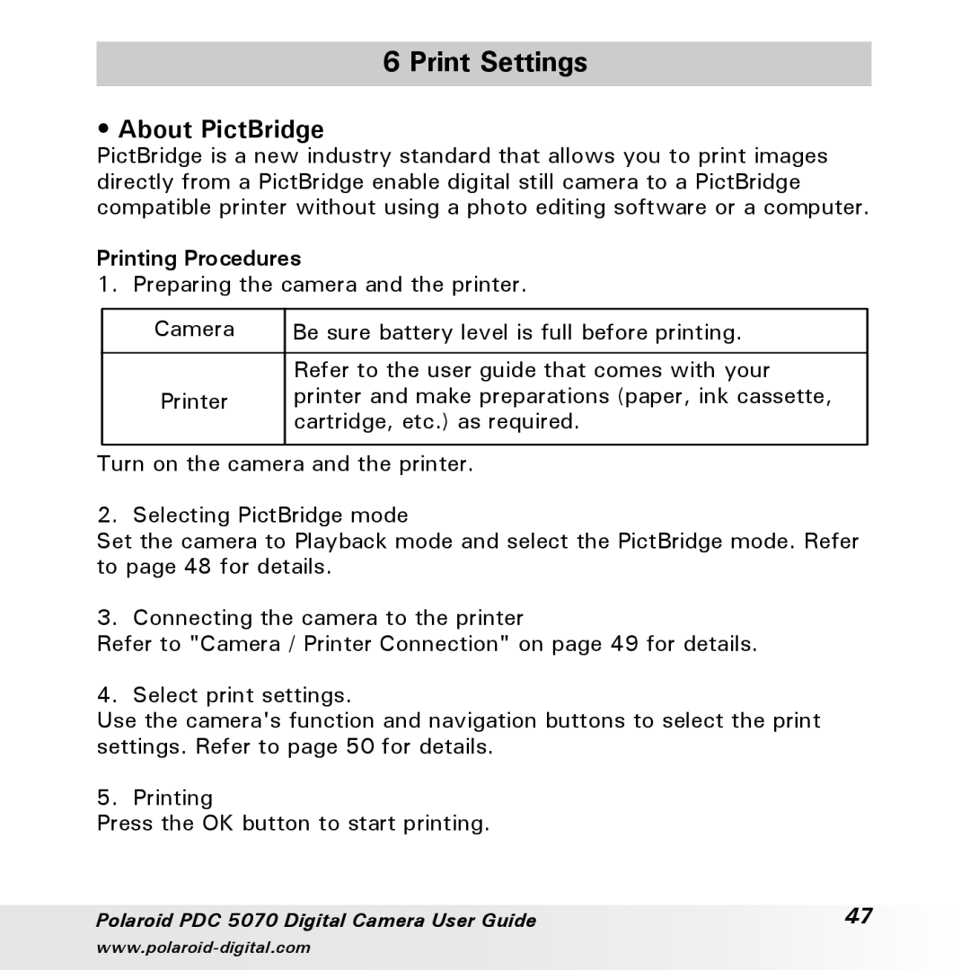 Polaroid PDC 5070 manual Print Settings, About PictBridge, Printing Procedures 