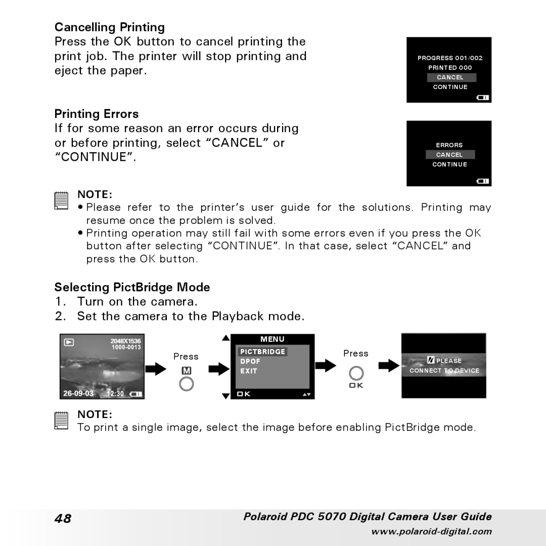 Polaroid PDC 5070 manual Cancelling Printing, Printing Errors, Selecting PictBridge Mode 