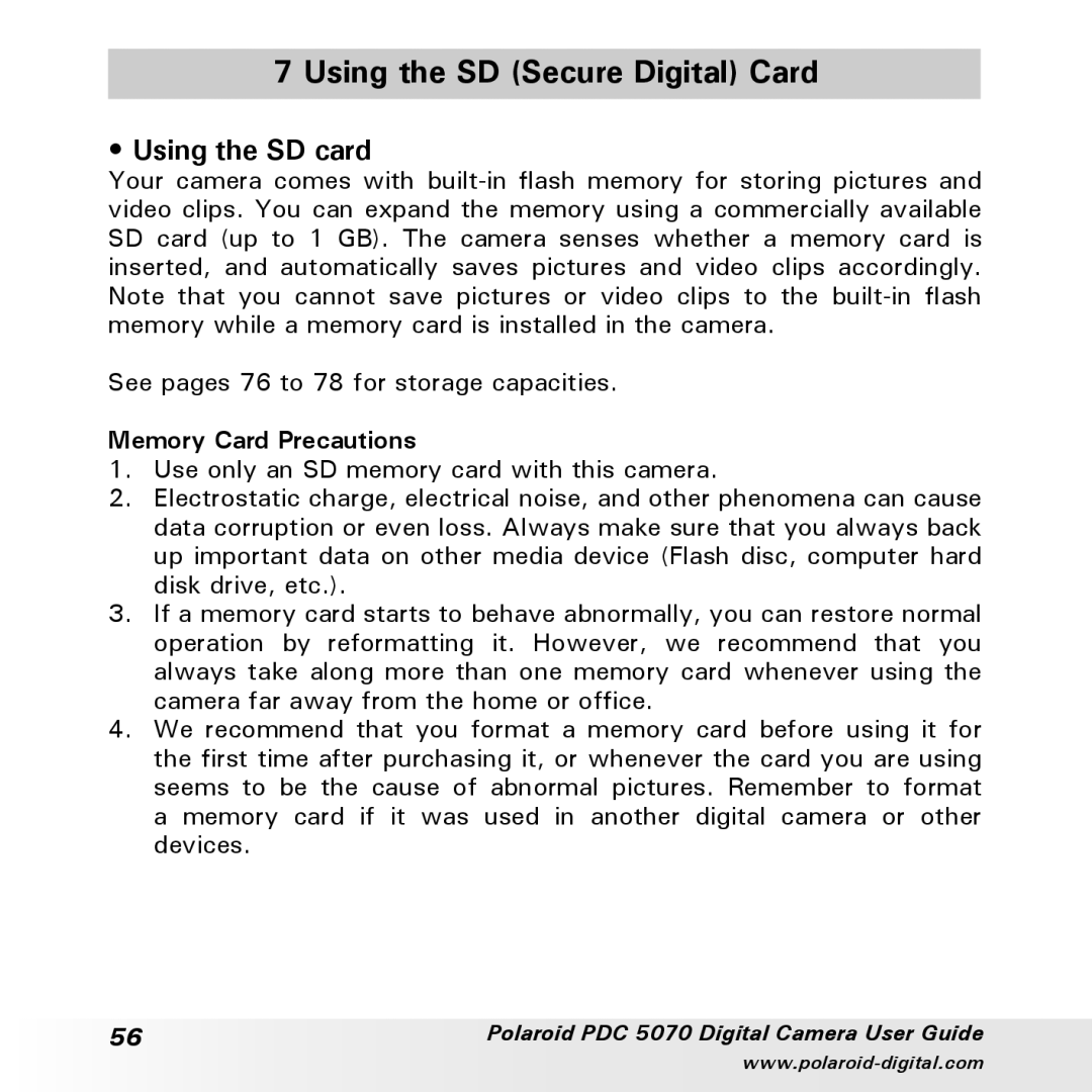 Polaroid PDC 5070 manual Using the SD Secure Digital Card, Using the SD card, Memory Card Precautions 