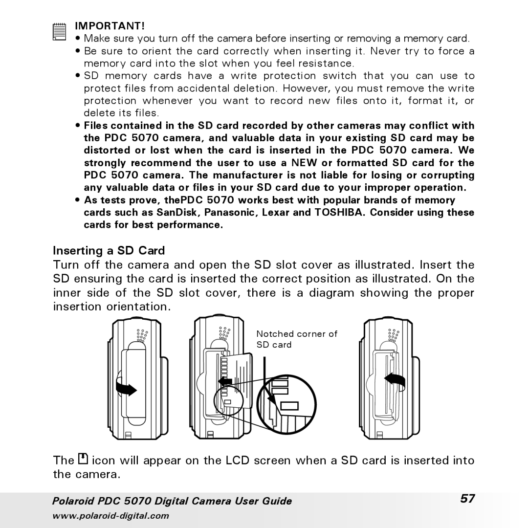 Polaroid PDC 5070 manual Inserting a SD Card 