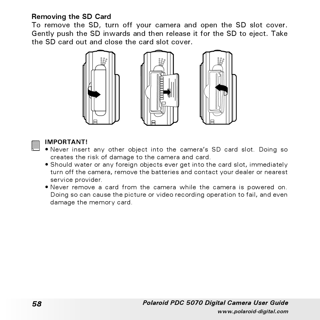 Polaroid PDC 5070 manual Removing the SD Card 
