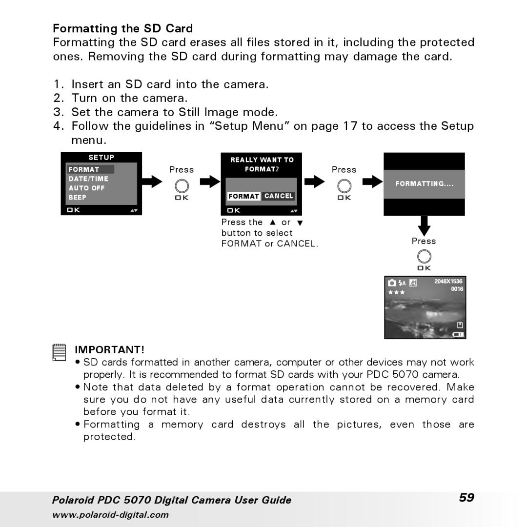 Polaroid PDC 5070 manual Formatting the SD Card 
