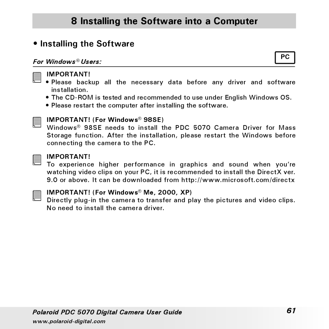 Polaroid PDC 5070 manual Installing the Software into a Computer 