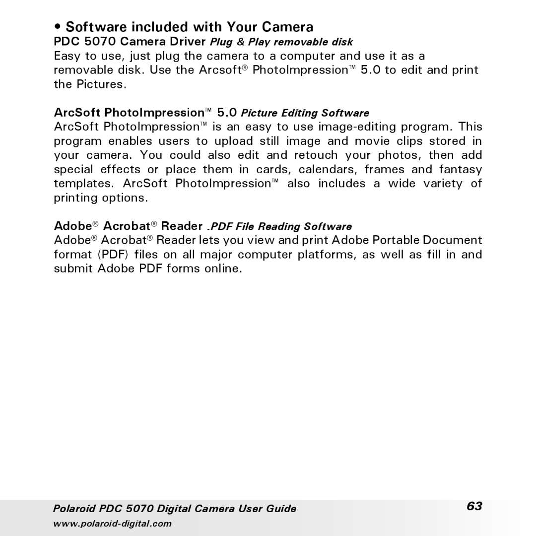 Polaroid PDC 5070 manual Software included with Your Camera, ArcSoft PhotoImpression 5.0 Picture Editing Software 