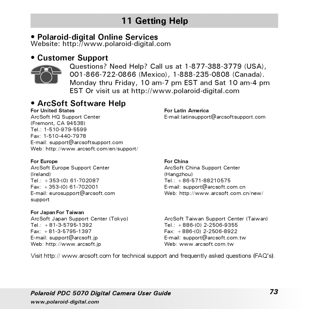 Polaroid PDC 5070 manual Getting Help, For United States For Latin America 