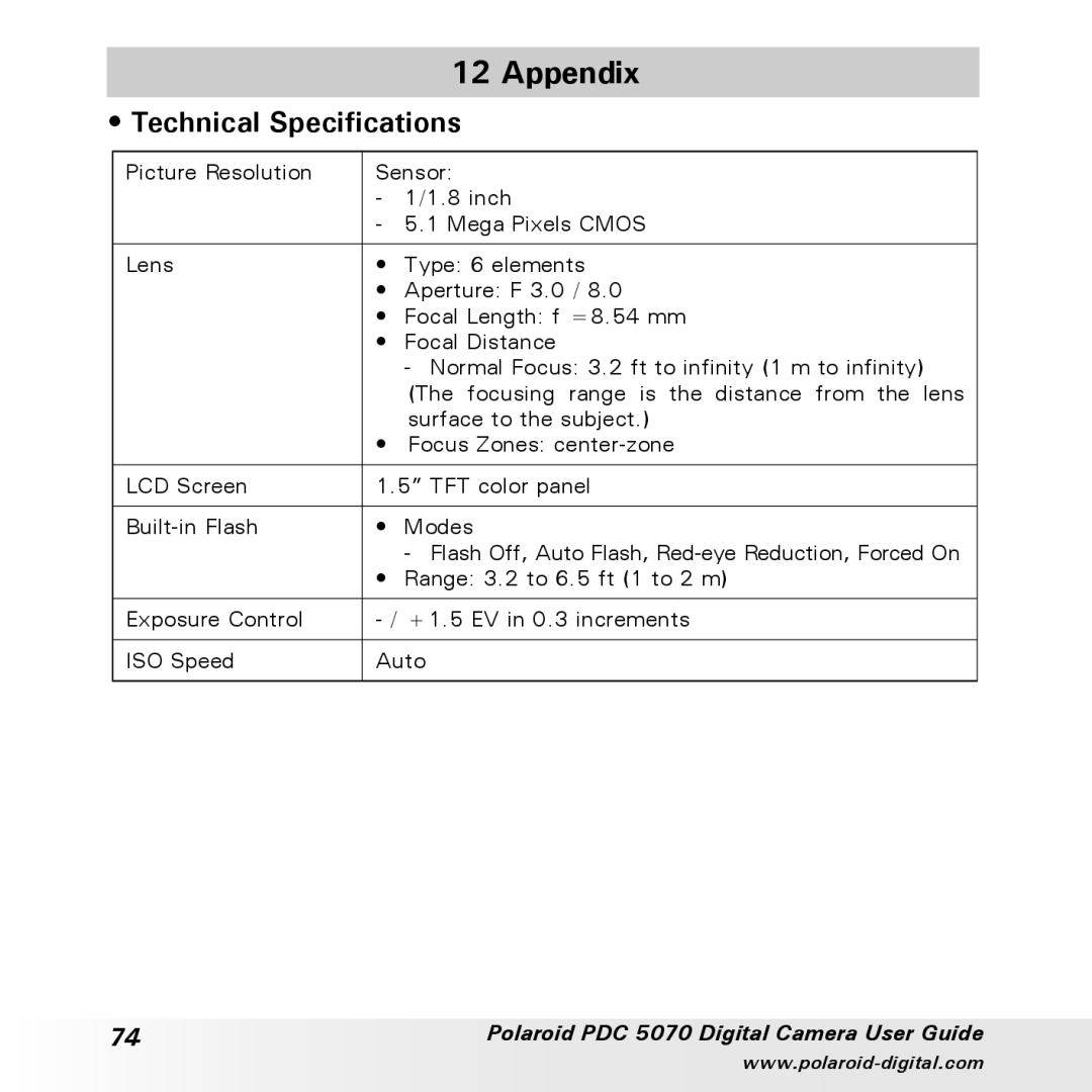 Polaroid PDC 5070 manual Appendix, Technical Specifications 