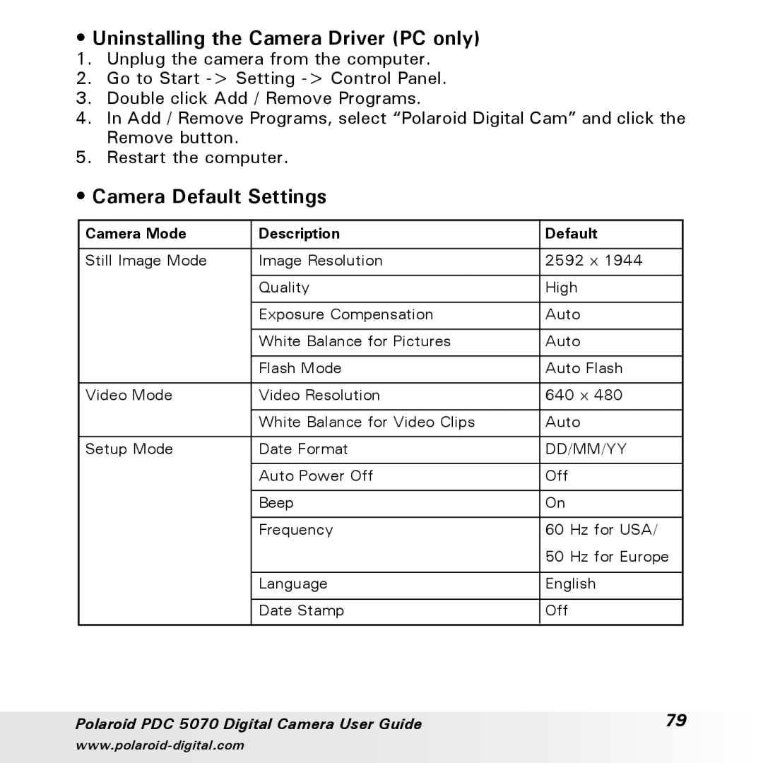 Polaroid PDC 5070 manual Uninstalling the Camera Driver PC only, Camera Default Settings 