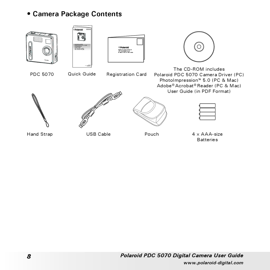 Polaroid PDC 5070 manual Camera Package Contents 