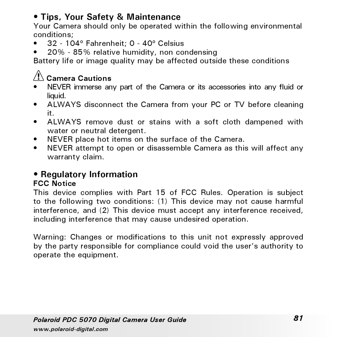 Polaroid PDC 5070 manual Tips, Your Safety & Maintenance, Regulatory Information, Camera Cautions, FCC Notice 