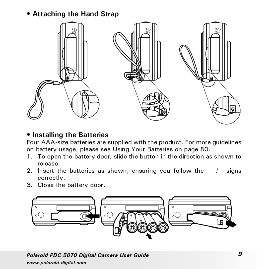 Polaroid PDC 5070 manual Attaching the Hand Strap Installing the Batteries 