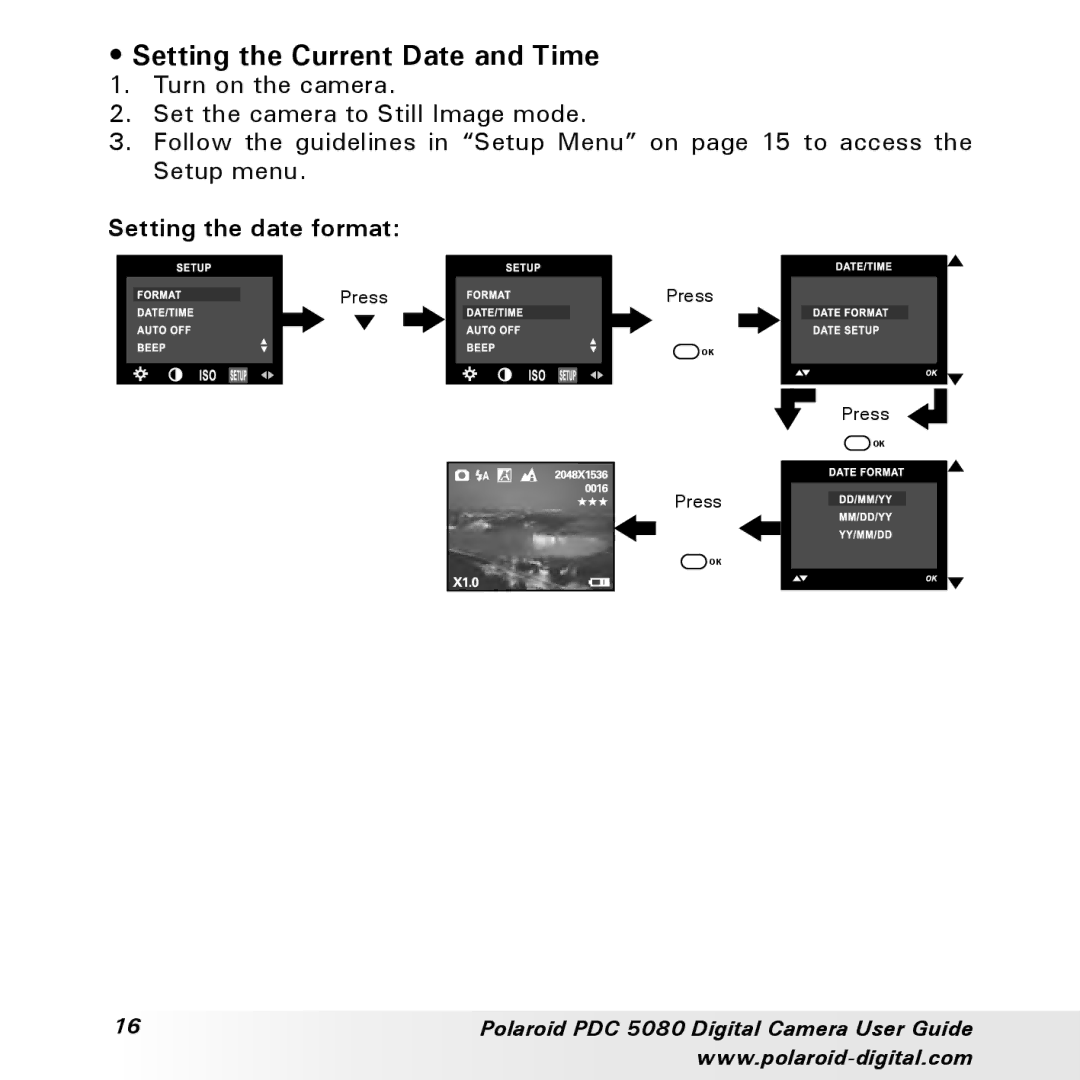 Polaroid PDC 5080 manual Setting the Current Date and Time, Setting the date format 
