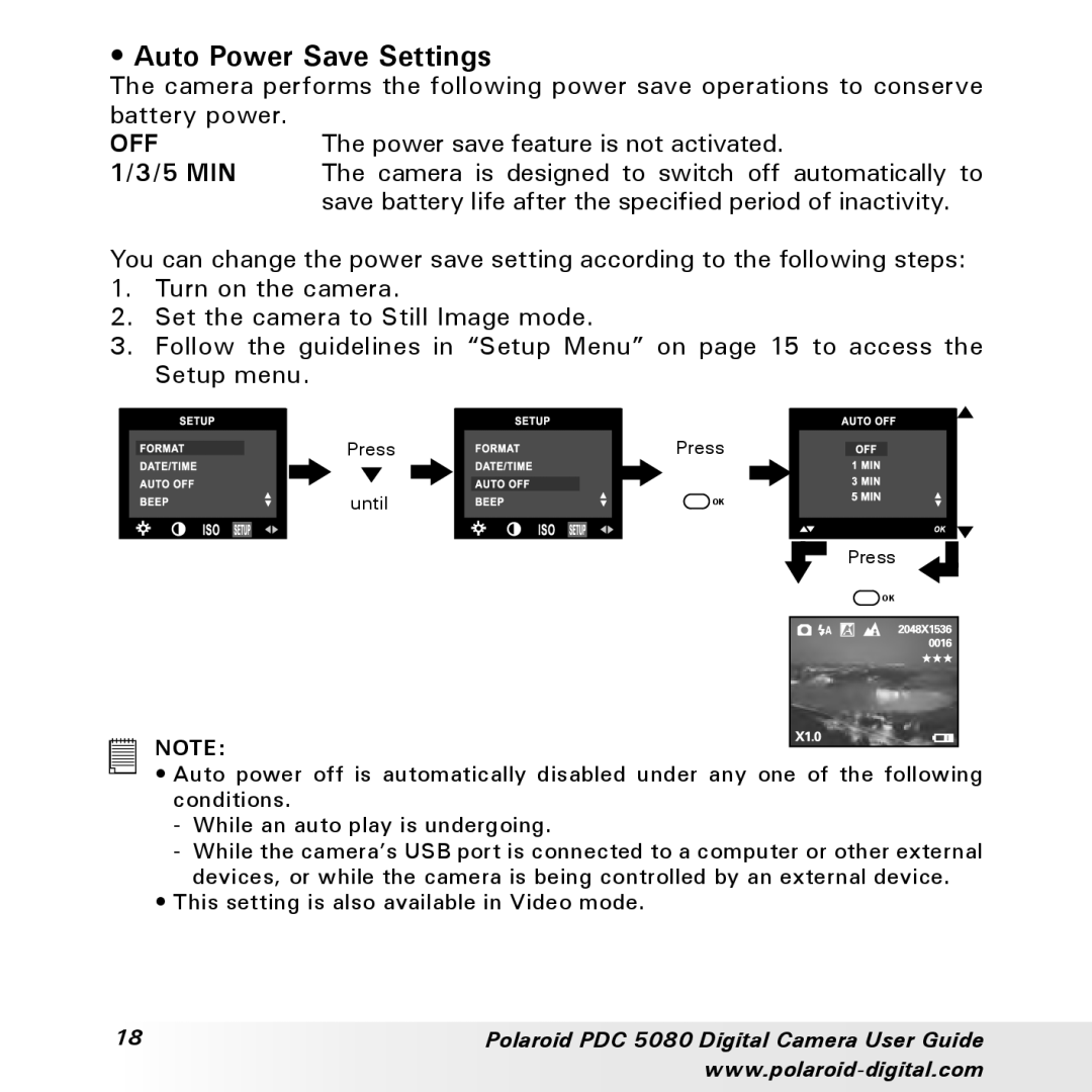 Polaroid PDC 5080 manual Auto Power Save Settings, 5 MIN 