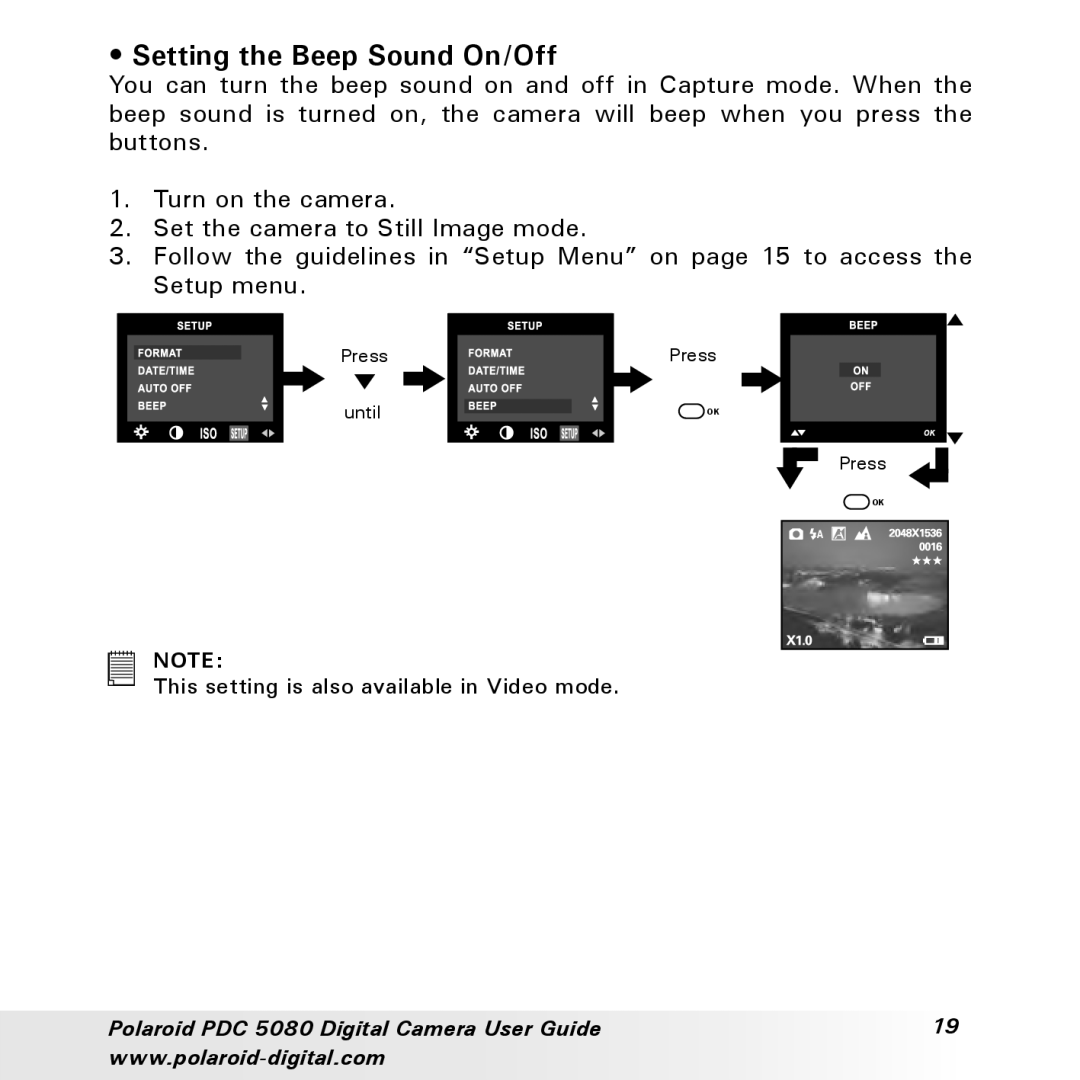 Polaroid PDC 5080 manual Setting the Beep Sound On/Off 