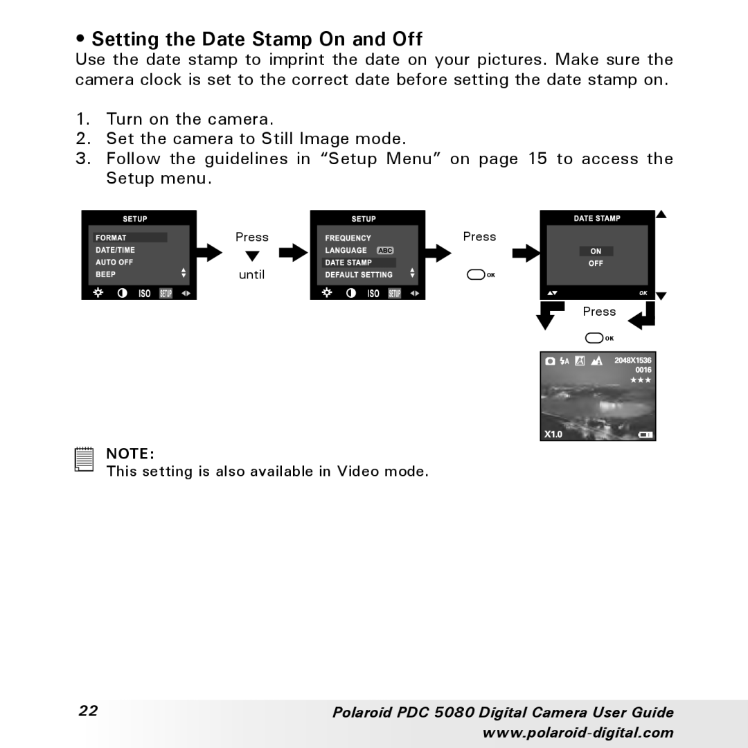 Polaroid PDC 5080 manual Setting the Date Stamp On and Off 