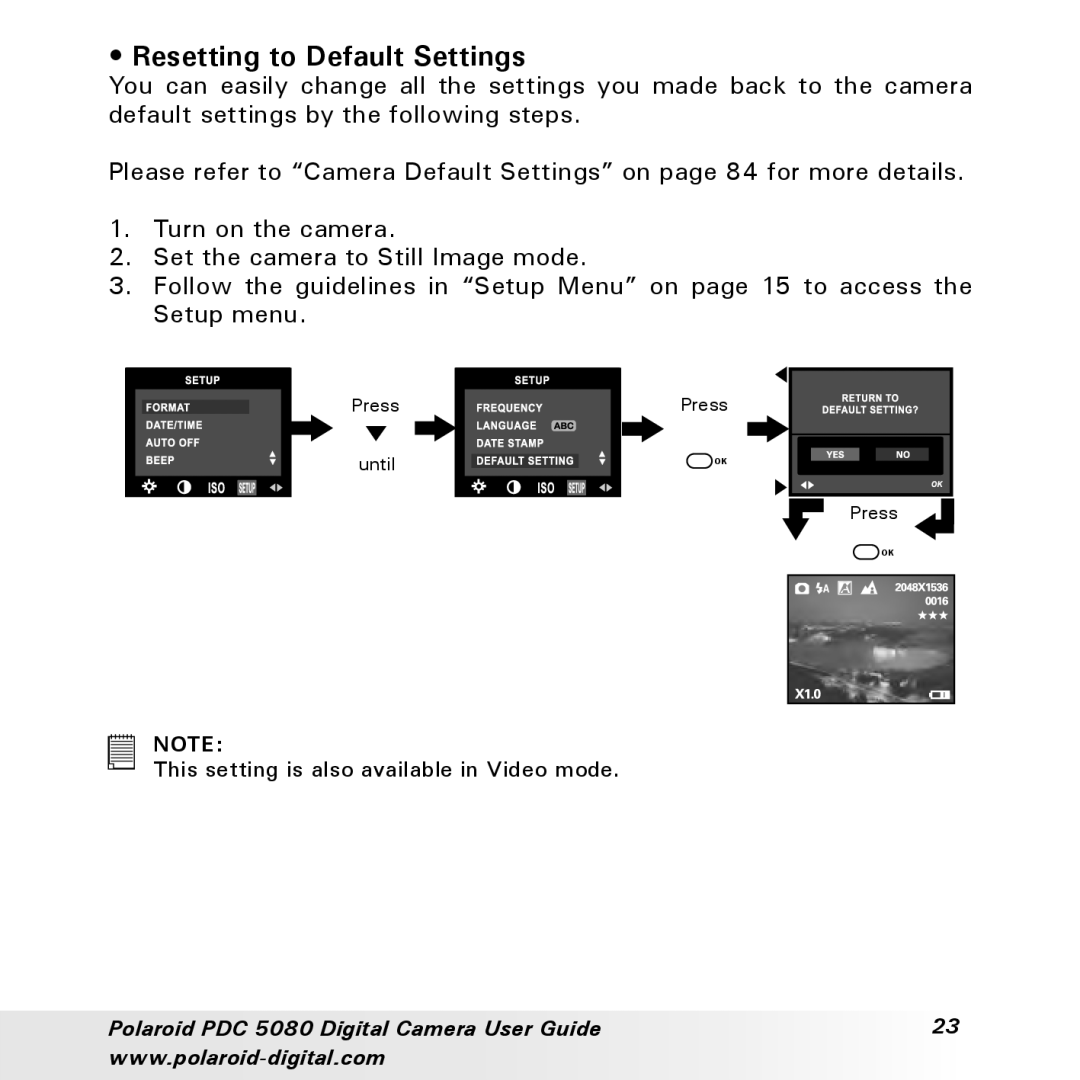 Polaroid PDC 5080 manual Resetting to Default Settings 