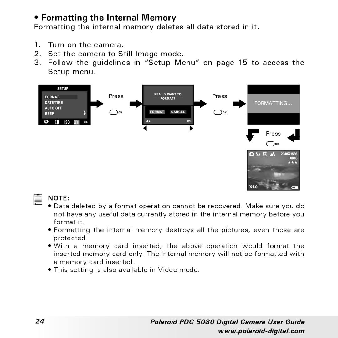 Polaroid PDC 5080 manual Formatting the Internal Memory 