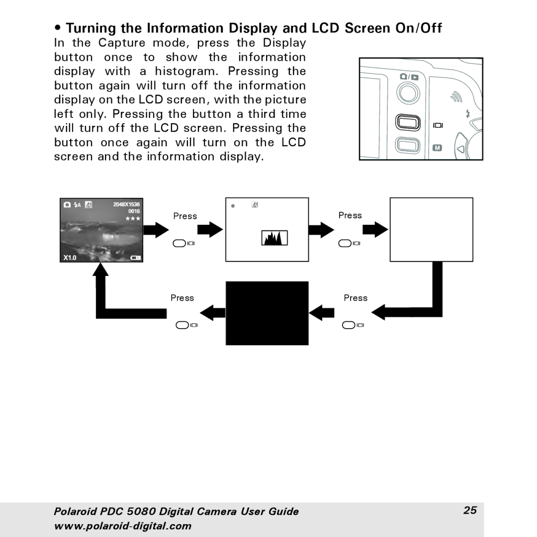 Polaroid PDC 5080 manual Turning the Information Display and LCD Screen On/Off 