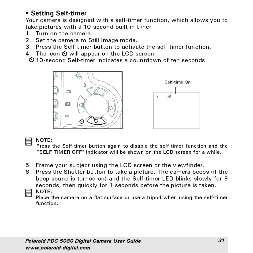 Polaroid PDC 5080 manual Setting Self-timer 