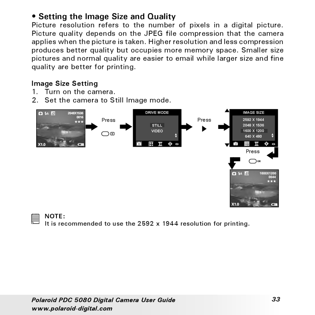 Polaroid PDC 5080 manual Setting the Image Size and Quality, Image Size Setting 